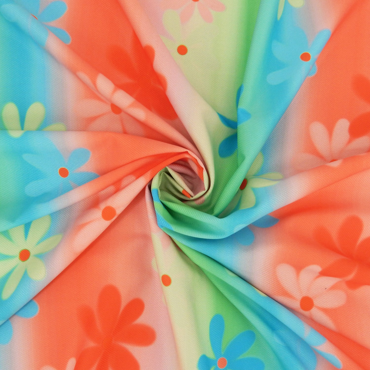 Premium Spanish Floral Twill Dress Fabric. Modern multi color Vertical Railroad Stripe with floral design on lightweight stretch twill. shown swirled