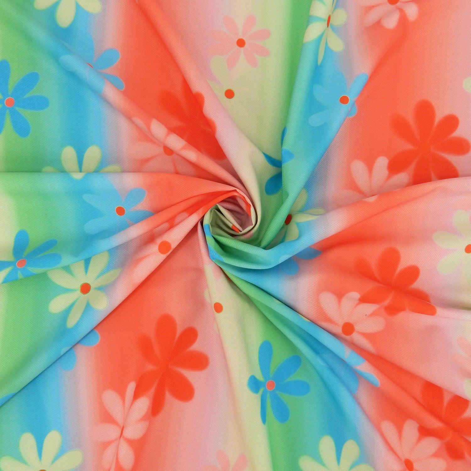 Premium Spanish Floral Twill Dress Fabric. Modern multi color Vertical Railroad Stripe with floral design on lightweight stretch twill. shown swirled