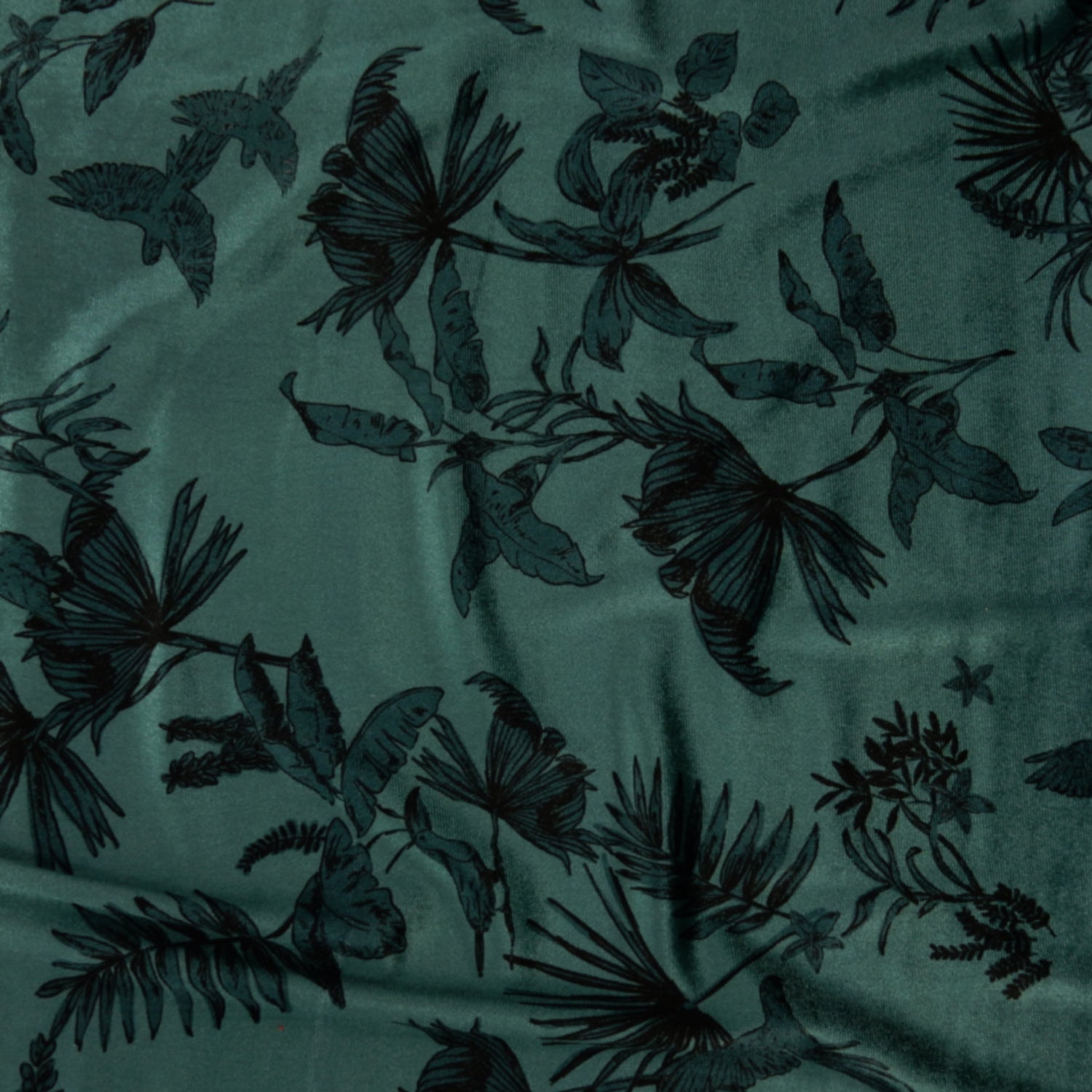 Premium Spanish minimalist floral stretch velvet dress fabric. Luxury Tone-on-Tone Teal design on polyester  spandex velvet. Shown flat