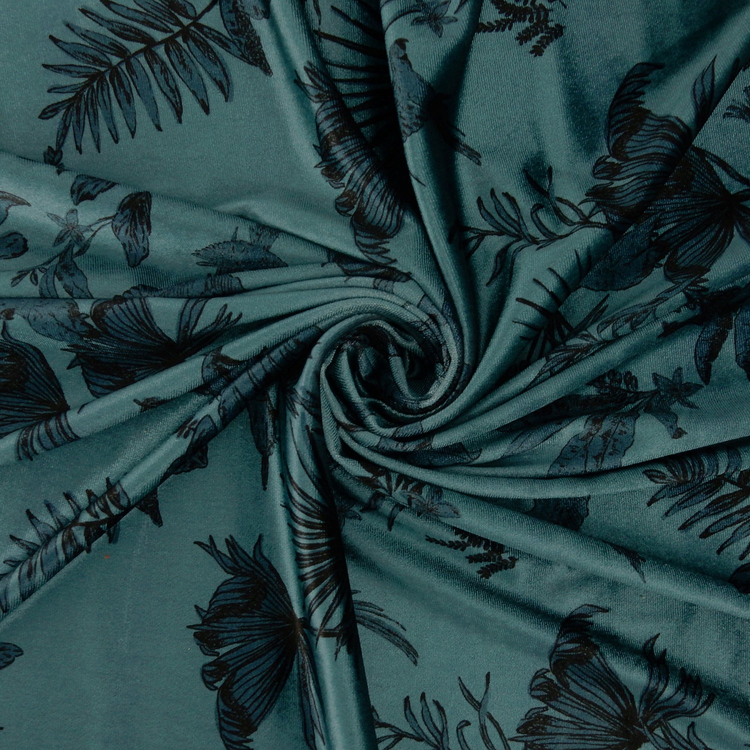 Premium Spanish minimalist floral stretch velvet dress fabric. Luxury Tone-on-Tone Teal design on polyester  spandex velvet. Shown swirled