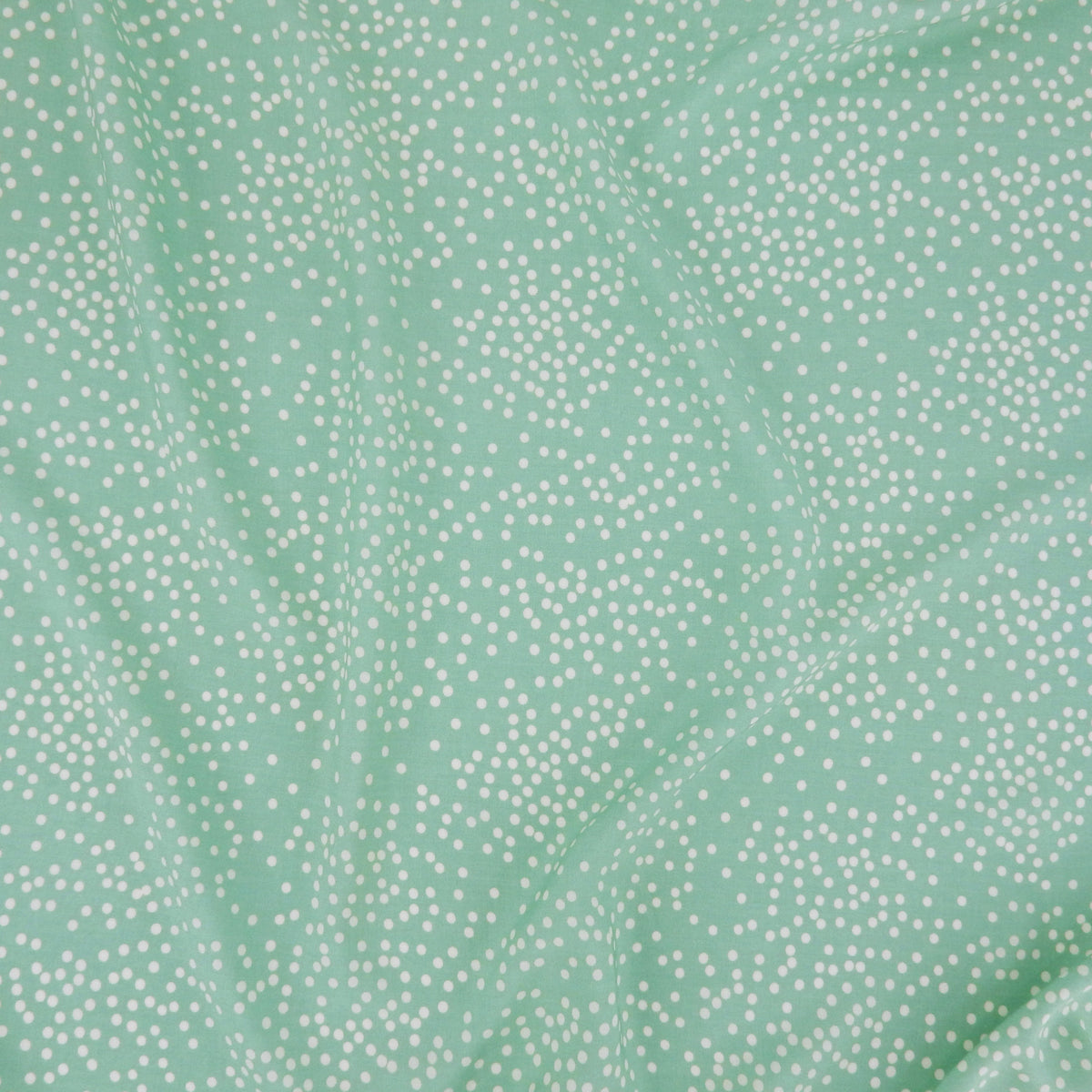 Premium 100% Rayon Challis Fabric. Artfully Spaced Polka Dot on Soft Mint. lightweight & ultra soft. shown lightly gathered