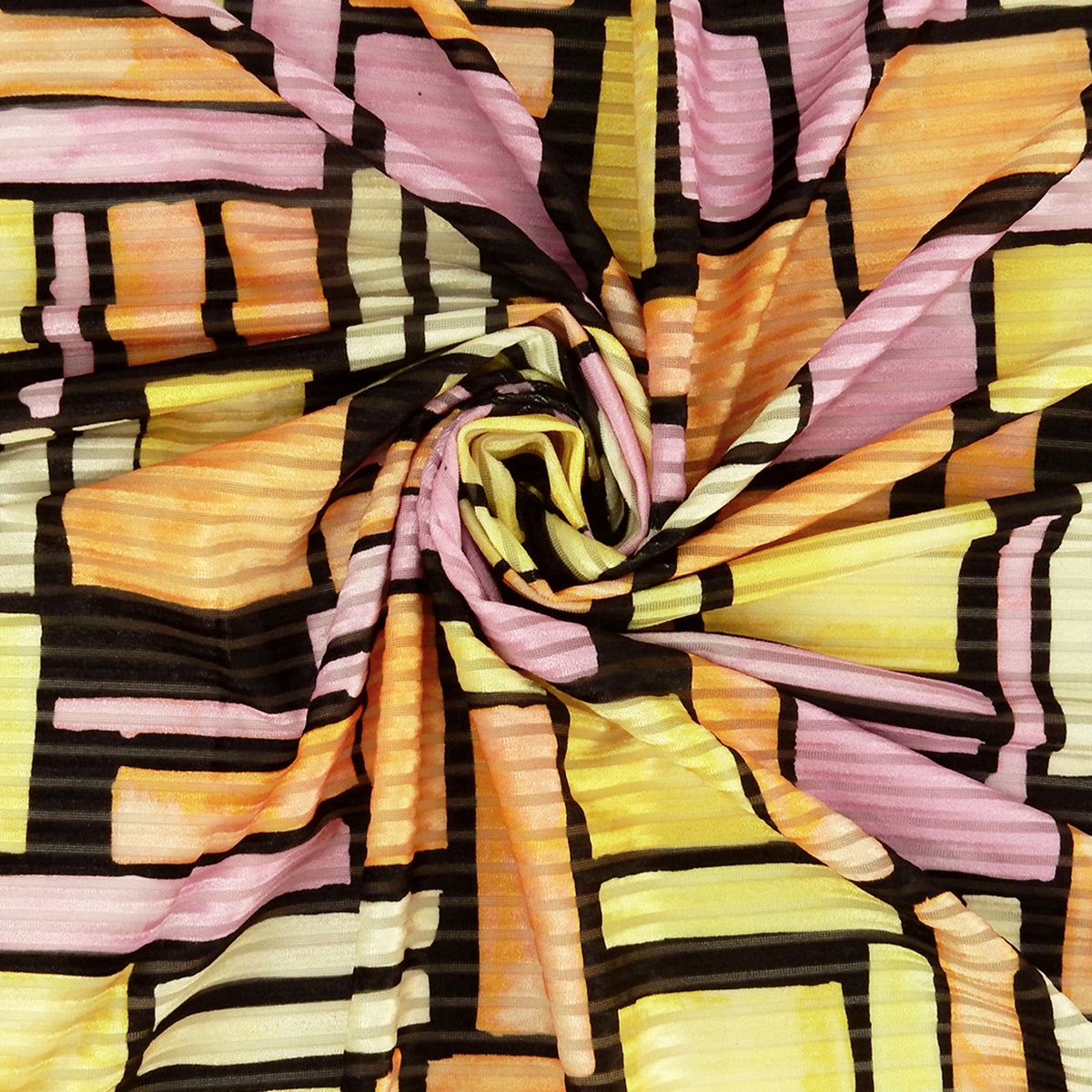 Premium Spanish Geometric Burnout Stretch Velvet fabric. Lemon Yellow, Soft Orange, Paris Pink, Ivory & Black. 4-way stretch. shown swirled