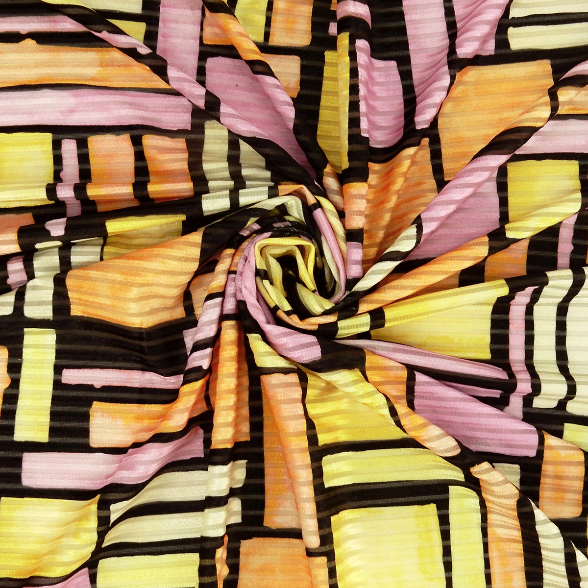 Premium Spanish Geometric Burnout Stretch Velvet fabric. Lemon Yellow, Soft Orange, Paris Pink, Ivory & Black. 4-way stretch. shown swirled