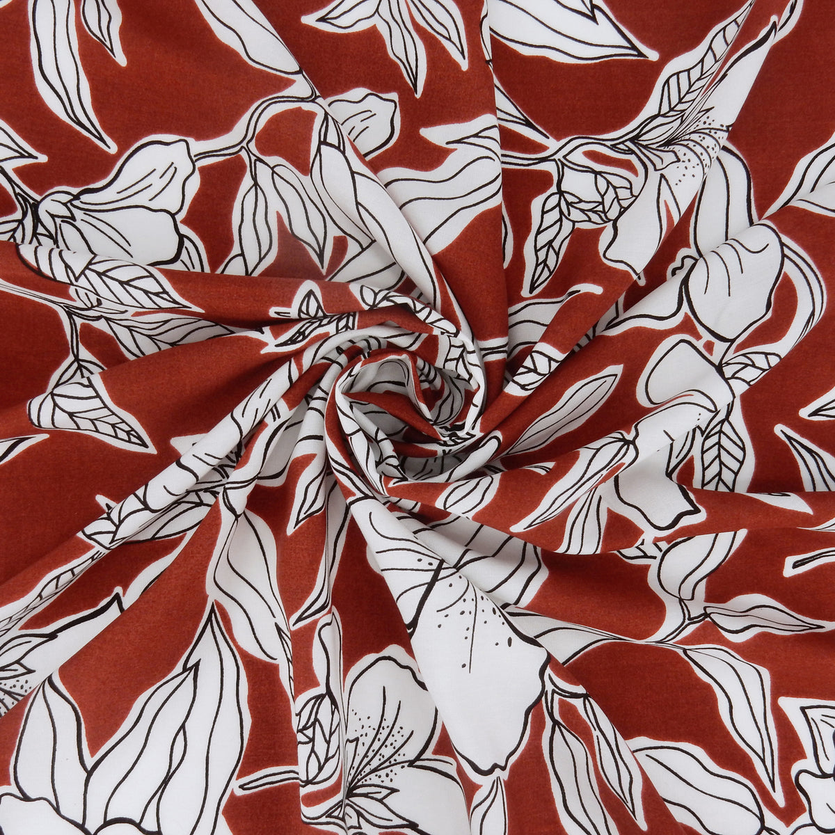 Premium 100% Rayon Challis Fabric. Minimalist White Lily in Deep Rust & Crisp White. lightweight & ultra soft. shown swirled