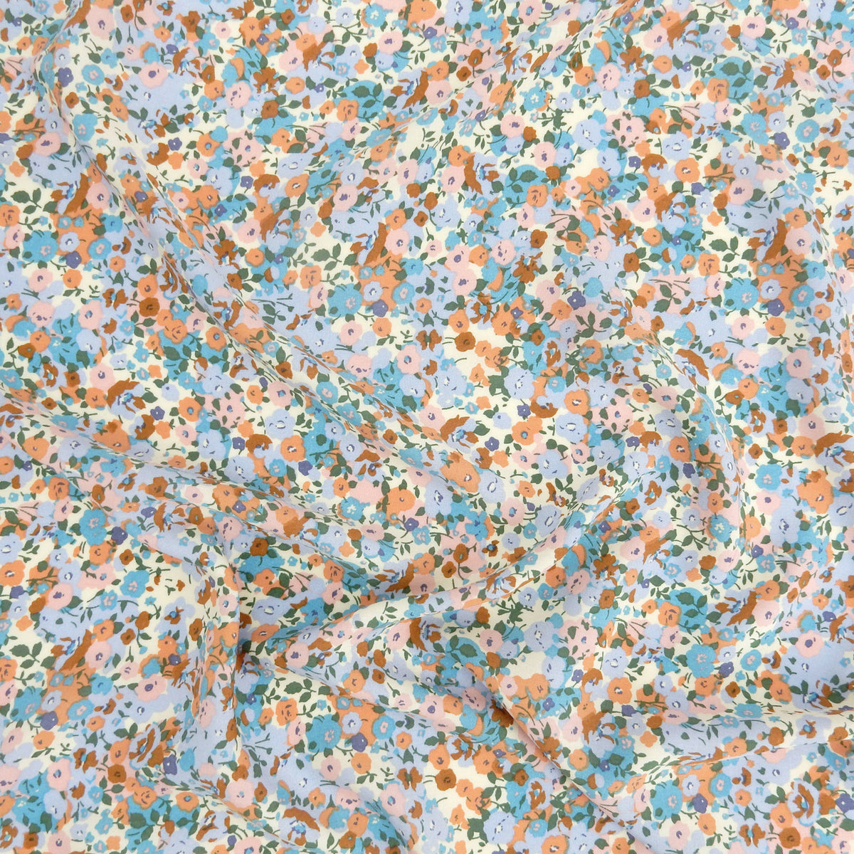 Premium 100% Rayon Challis Fabric. Pastel Millefleurs Floral in Beige, Taupe, Lilac, Pink & Dusty Blue. lightweight & ultra soft. shown lightly gathered