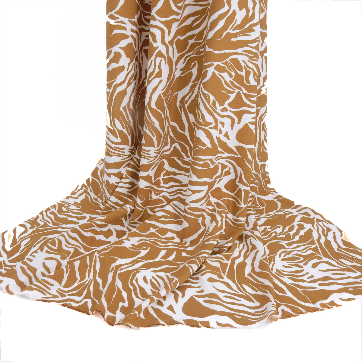 Premium 100% Rayon Challis Fabric. Modern Abstract Zebra Marbled Print in Earthy Taupe & White. lightweight & ultra soft. shown draped