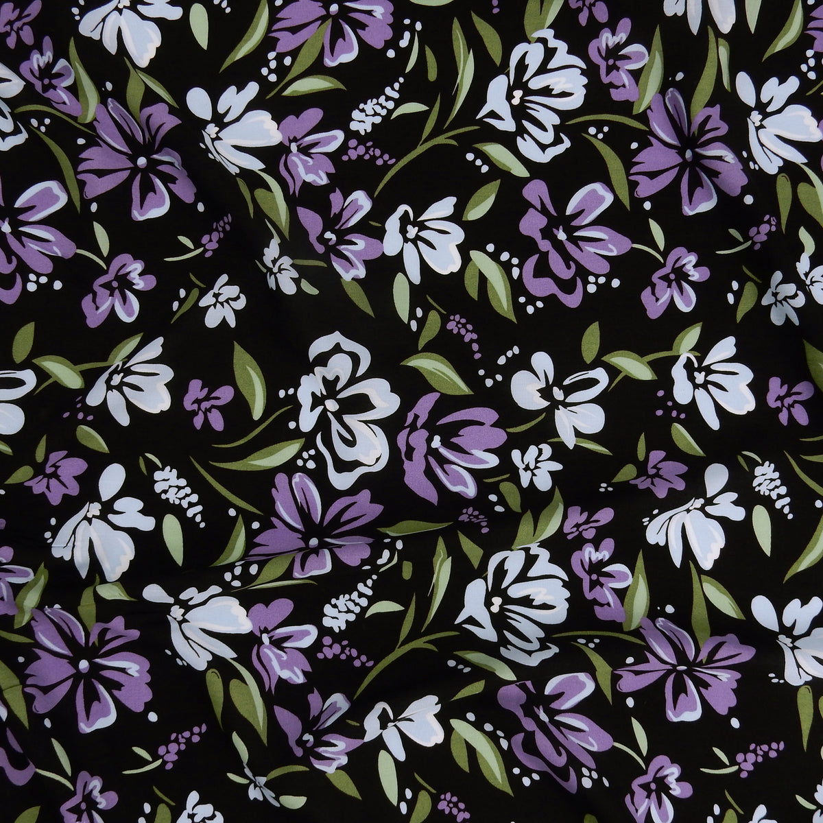 Premium 100% Rayon Challis Fabric. Midnight Botanical Floral in Light Blue, Wisteria & Olive. lightweight & ultra soft. shown lightly gathered