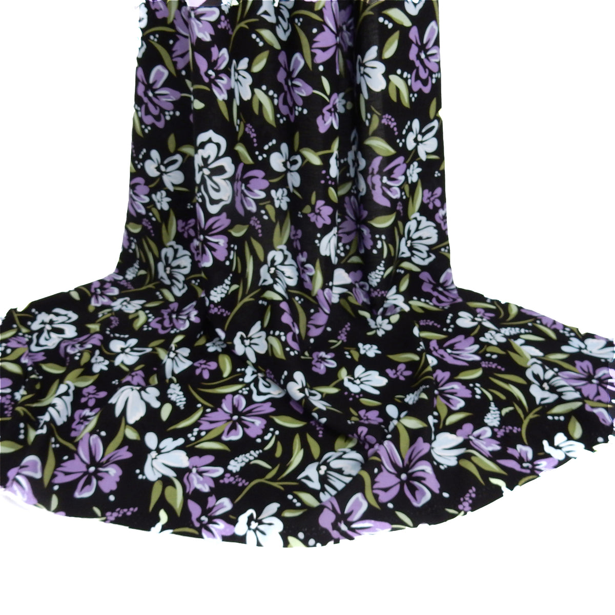 Premium 100% Rayon Challis Fabric. Midnight Botanical Floral in Light Blue, Wisteria & Olive. lightweight & ultra soft. shown draped
