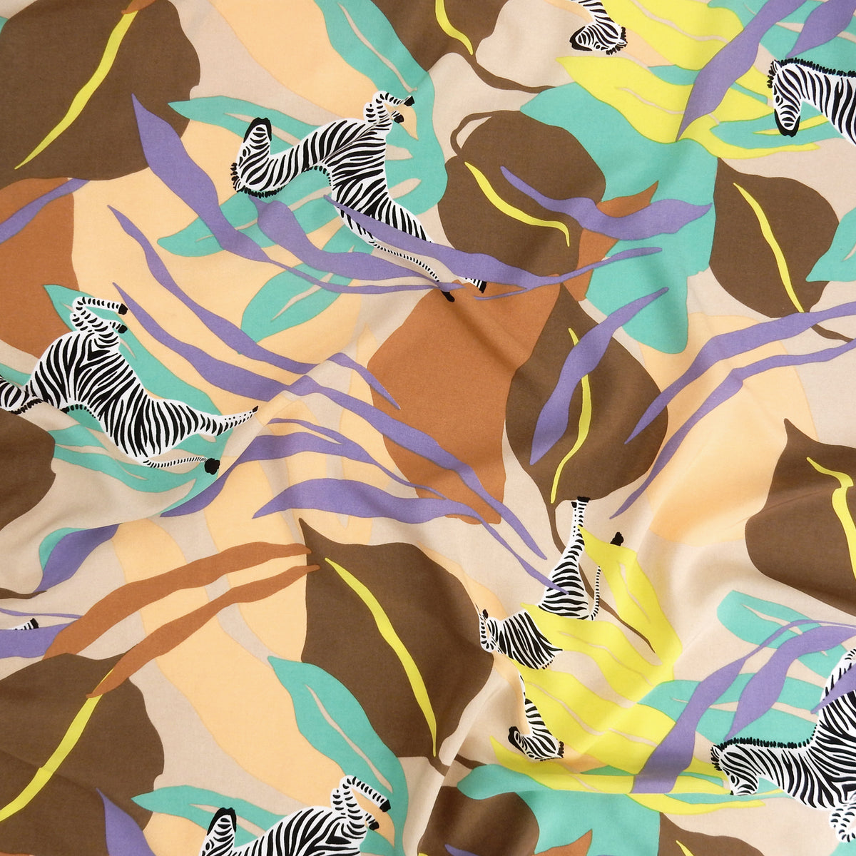 Premium 100% Rayon Challis Fabric. Artistic Zebra Safari Print in Peach, Taupe, Lavender, Beige & Yellow. lightweight & ultra soft. shown lightly gathered