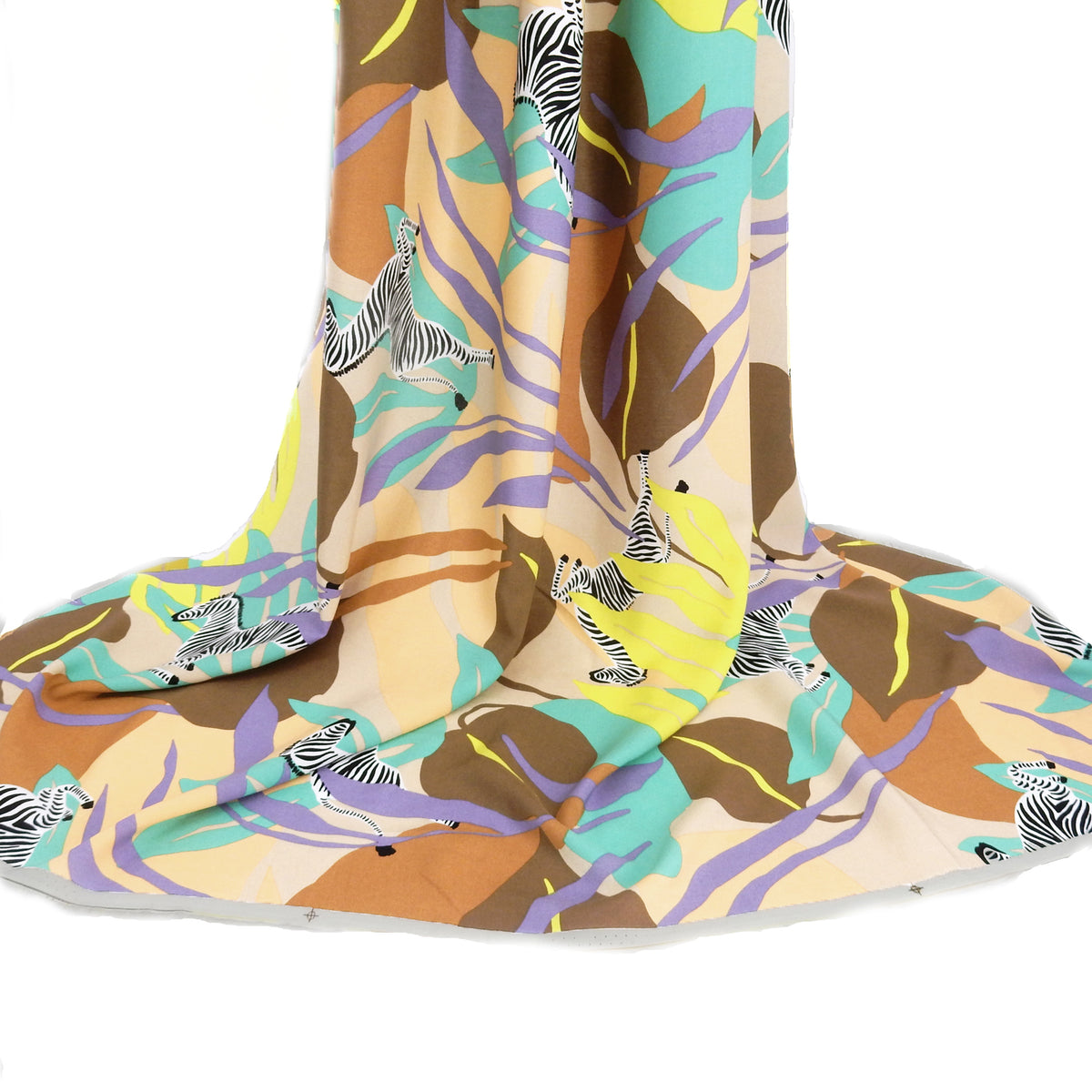 Premium 100% Rayon Challis Fabric. Artistic Zebra Safari Print in Peach, Taupe, Lavender, Beige & Yellow. lightweight & ultra soft. shown draped