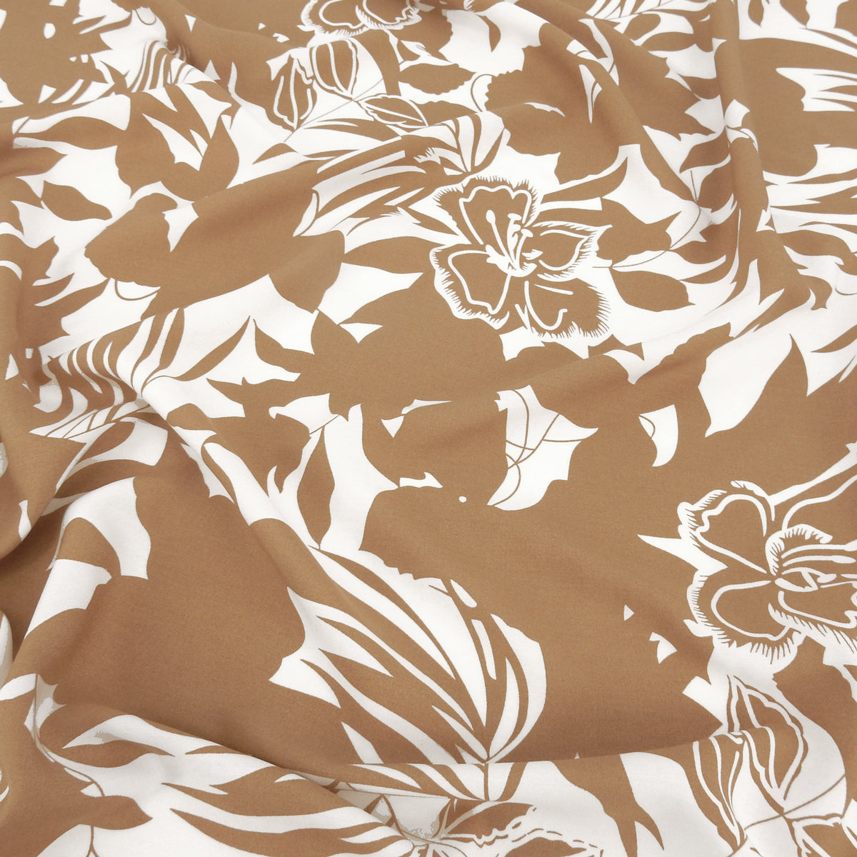 Premium 100% Rayon Challis Fabric. Tropical Botanical Silhouette Print in Earthy Taupe White. lightweight & ultra soft. shown lightly gathered