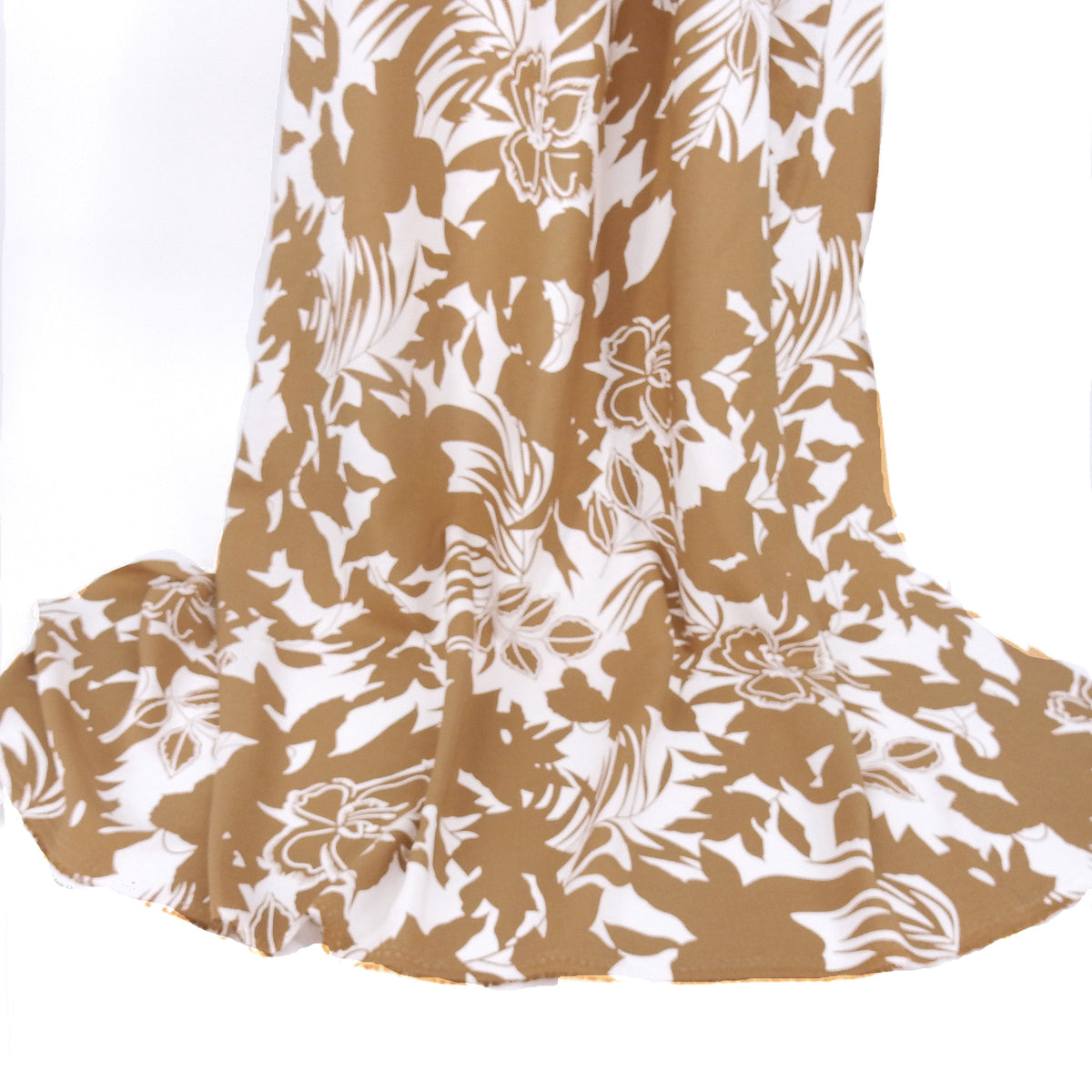 Premium 100% Rayon Challis Fabric. Tropical Botanical Silhouette Print in Earthy Taupe White. lightweight & ultra soft. shown draped