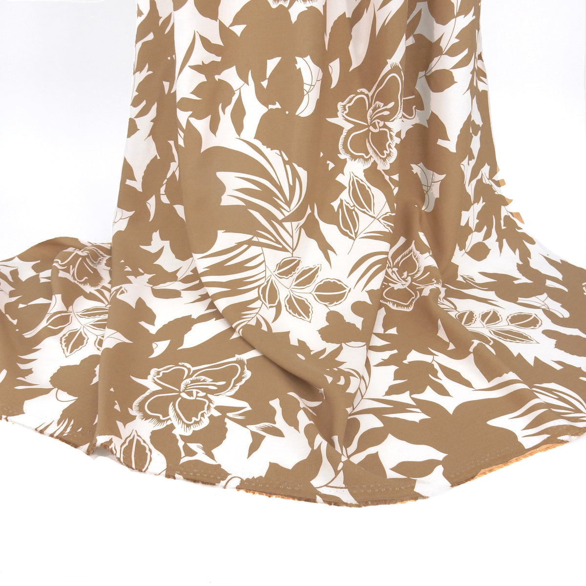 Premium 100% Rayon Challis Fabric. Tropical Botanical Silhouette Print in Earthy Taupe White. lightweight & ultra soft. shown draped