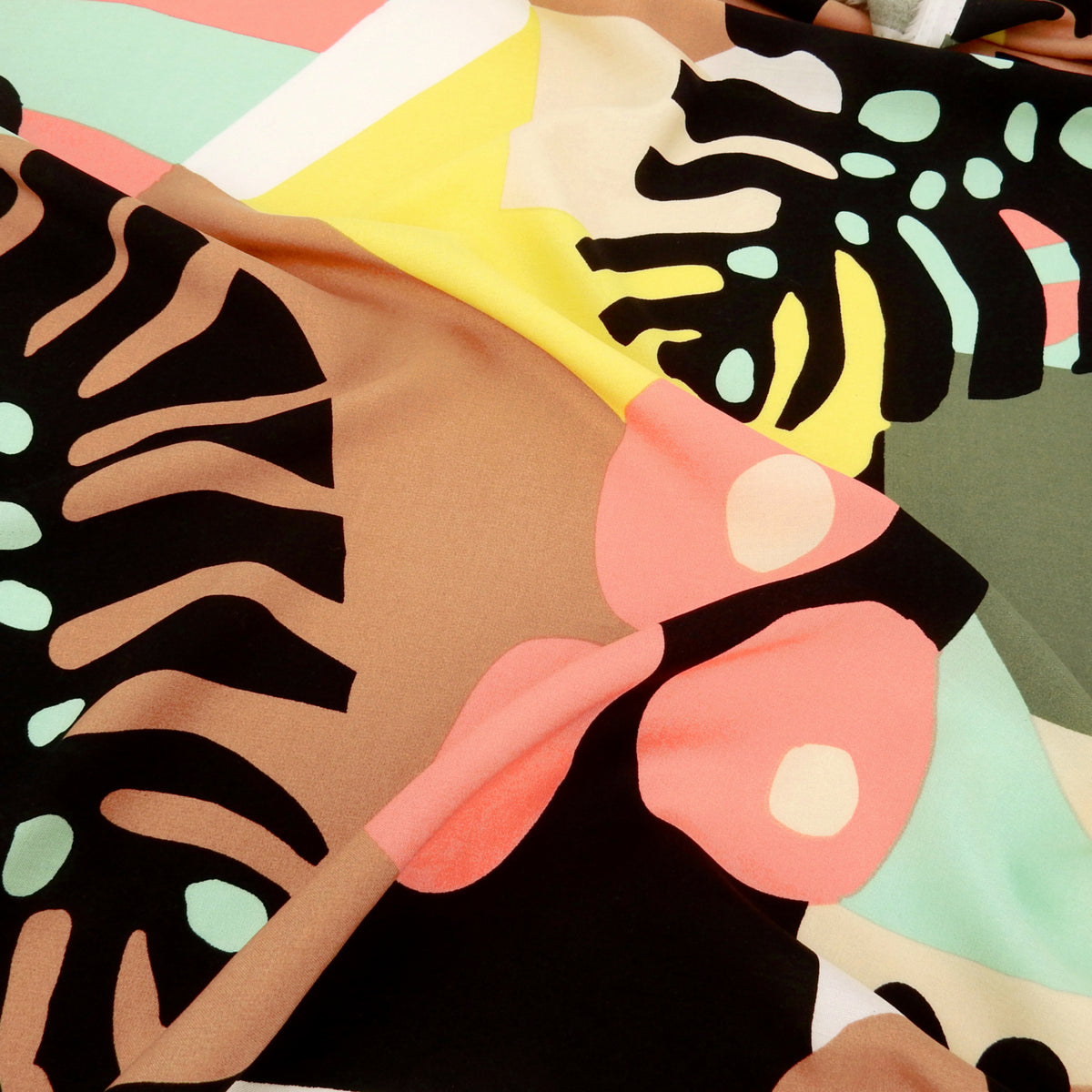 Premium 100% Rayon Challis Fabric. Retro Modern Abstract Tropical in Yellow, Dusty Pink, Taupe, Aquamarine & Multi. lightweight & ultra soft. shown lightly gathered