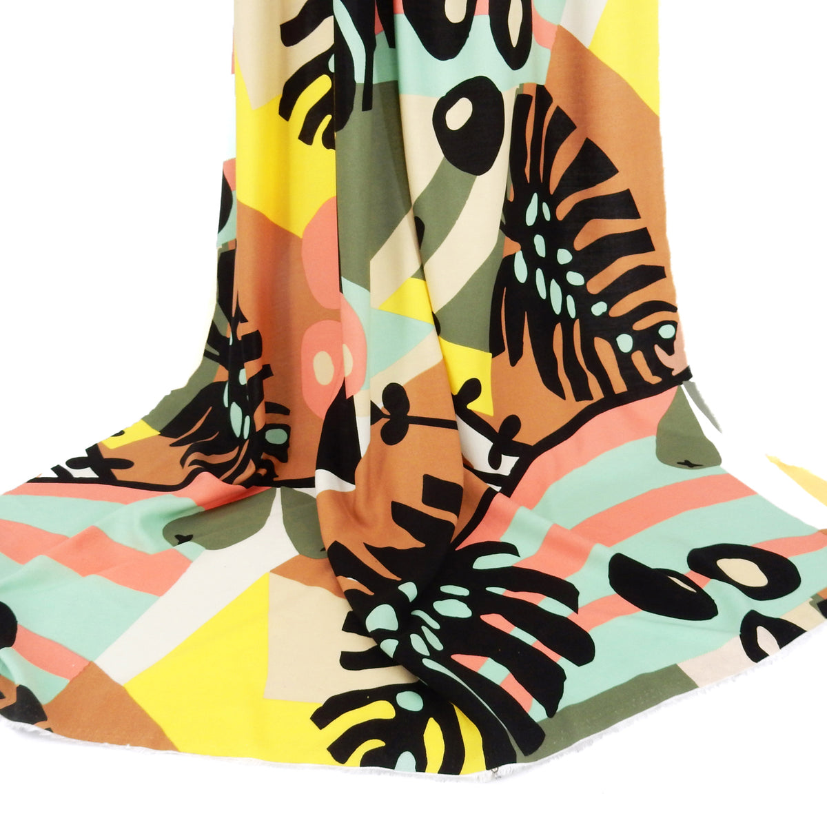Premium 100% Rayon Challis Fabric. Retro Modern Abstract Tropical in Yellow, Dusty Pink, Taupe, Aquamarine & Multi. lightweight & ultra soft. shown draped