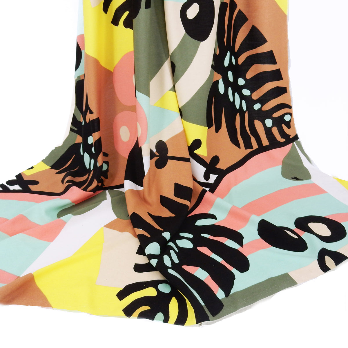 Premium 100% Rayon Challis Fabric. Retro Modern Abstract Tropical in Yellow, Dusty Pink, Taupe, Aquamarine & Multi. lightweight & ultra soft. shown draped