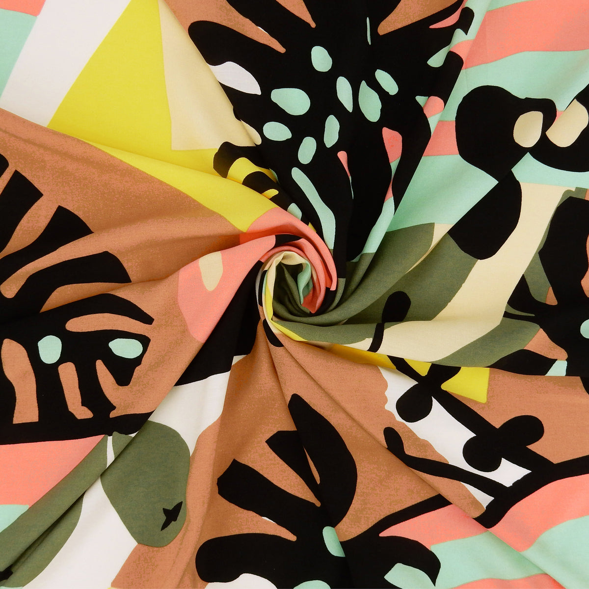 Premium 100% Rayon Challis Fabric. Retro Modern Abstract Tropical in Yellow, Dusty Pink, Taupe, Aquamarine & Multi. lightweight & ultra soft. shown swirled