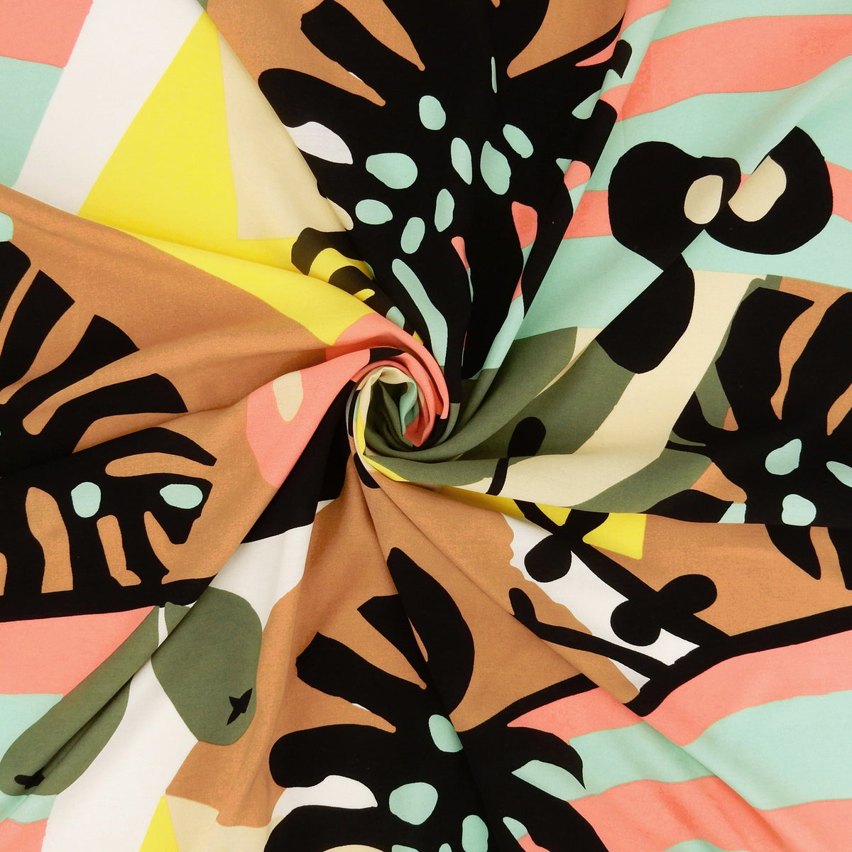 Premium 100% Rayon Challis Fabric. Retro Modern Abstract Tropical in Yellow, Dusty Pink, Taupe, Aquamarine & Multi. lightweight & ultra soft. shown swirled