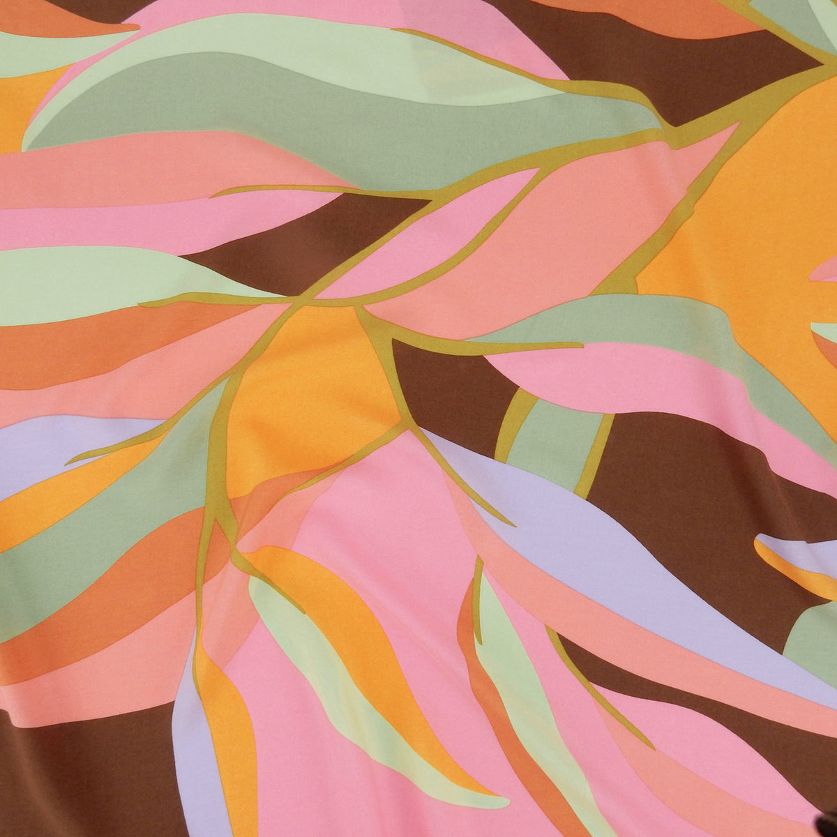 Premium 100% Rayon Challis Fabric. Retro Mod Abstract in Cocoa, Sage & Bold Pink. lightweight & ultra soft. shown lightly gathered