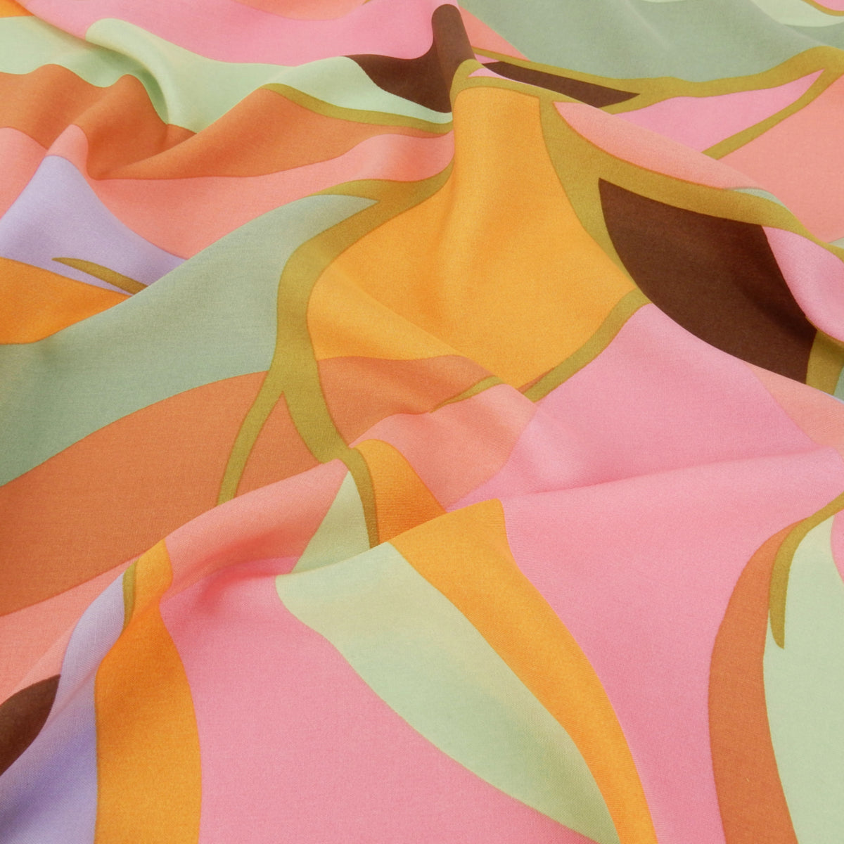 Premium 100% Rayon Challis Fabric. Retro Mod Abstract in Cocoa, Sage & Bold Pink. lightweight & ultra soft. shown lightly gathered