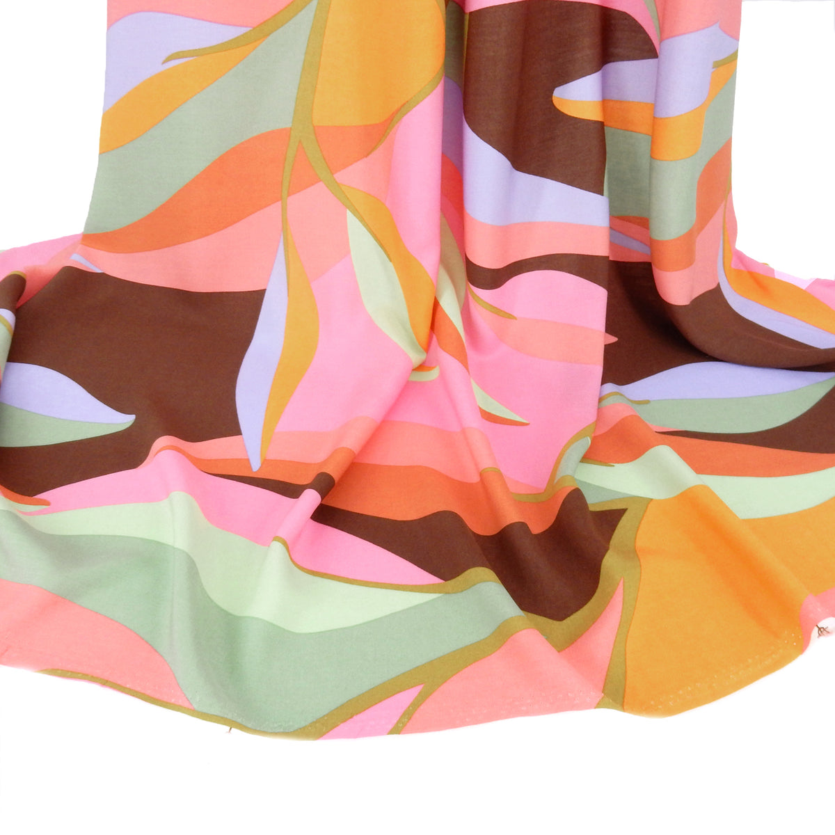 Premium 100% Rayon Challis Fabric. Retro Mod Abstract in Cocoa, Sage & Bold Pink. lightweight & ultra soft. shown draped