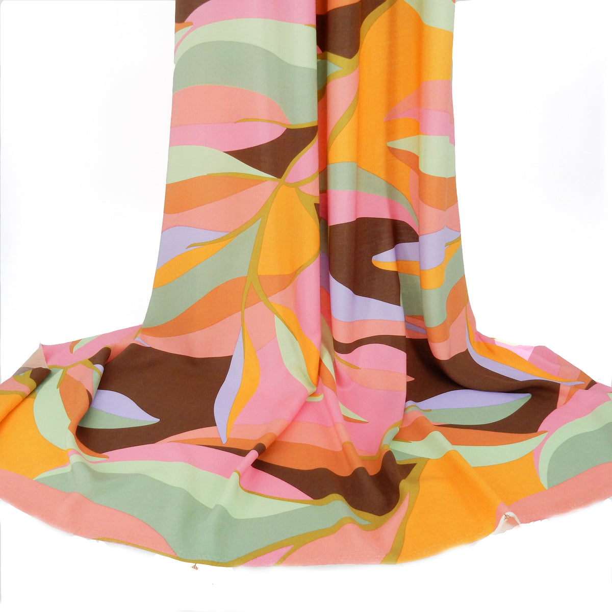 Premium 100% Rayon Challis Fabric. Retro Mod Abstract in Cocoa, Sage & Bold Pink. lightweight & ultra soft. shown draped