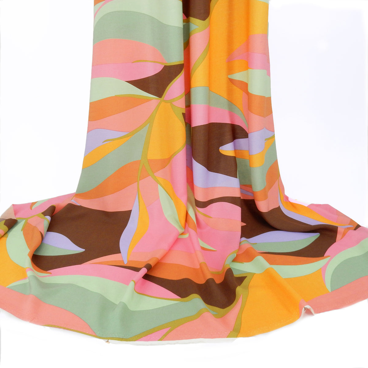 Premium 100% Rayon Challis Fabric. Retro Mod Abstract in Cocoa, Sage & Bold Pink. lightweight & ultra soft. shown draped