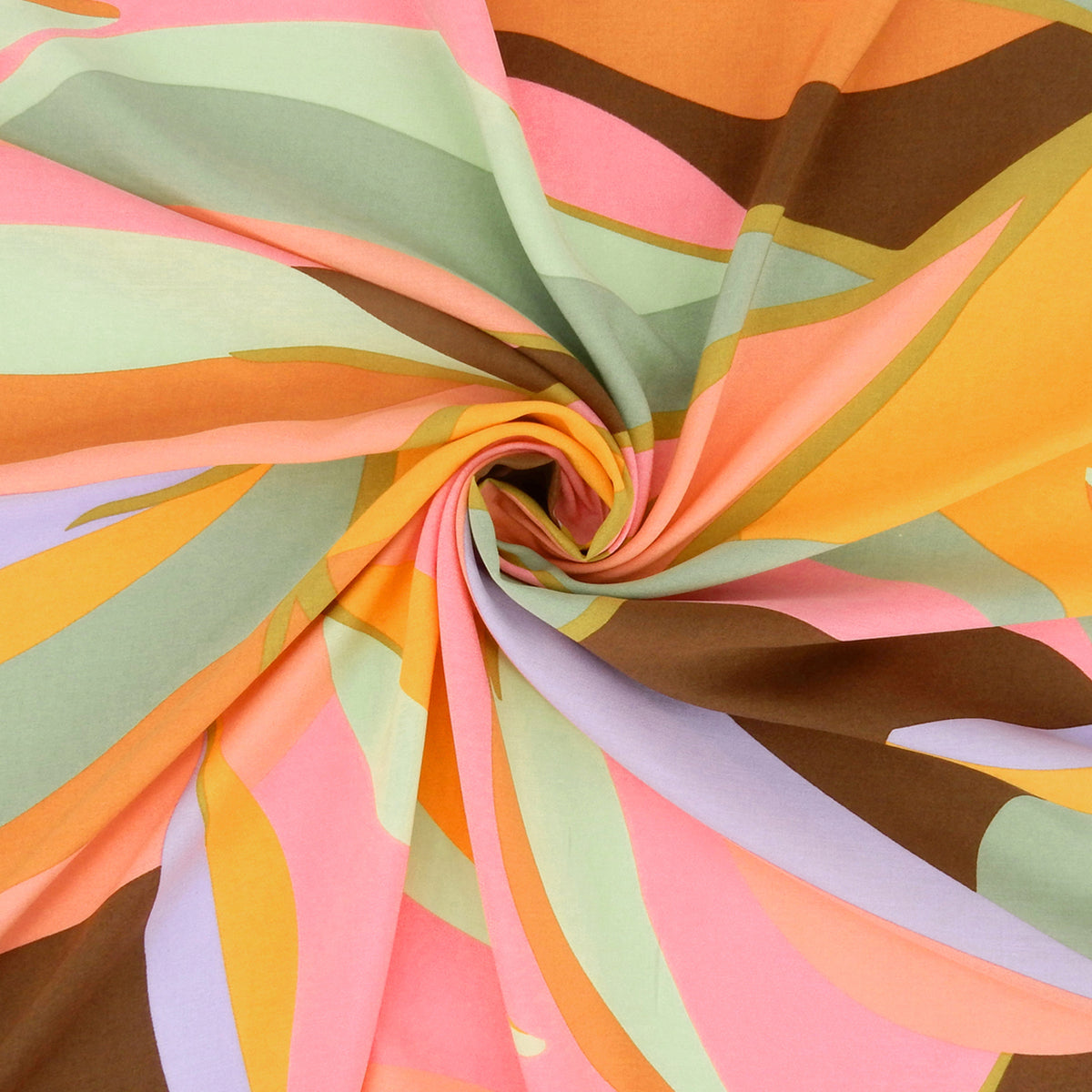 Premium 100% Rayon Challis Fabric. Retro Mod Abstract in Cocoa, Sage & Bold Pink. lightweight & ultra soft. shown swirled