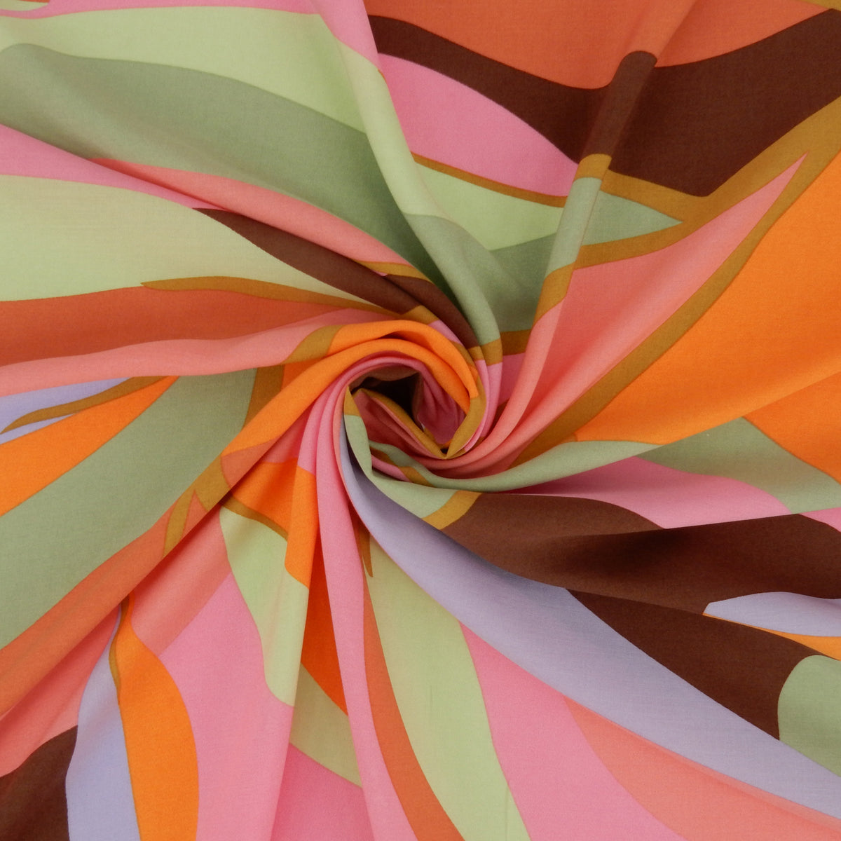 Premium 100% Rayon Challis Fabric. Retro Mod Abstract in Cocoa, Sage & Bold Pink. lightweight & ultra soft. shown swirled