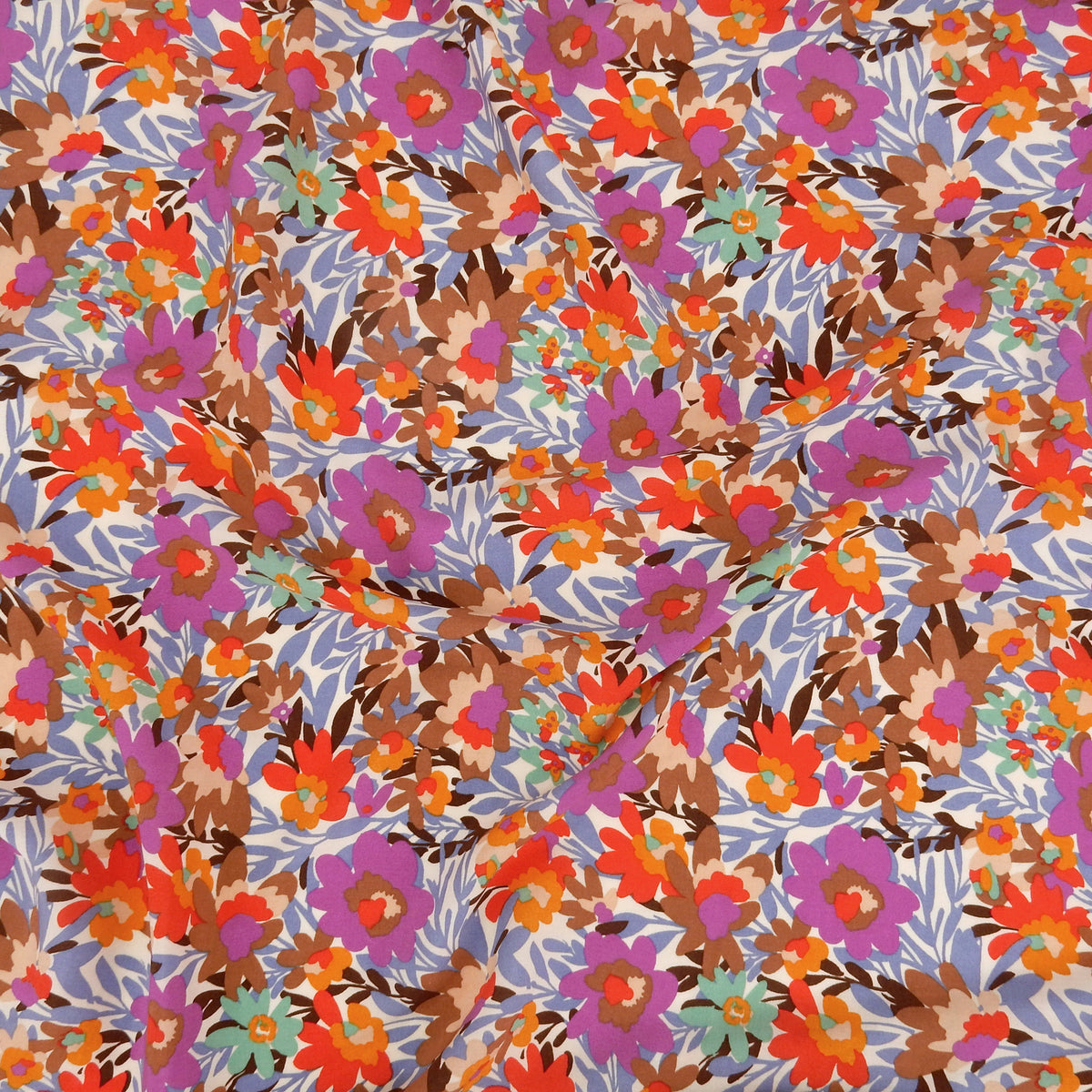 Premium 100% Rayon Challis Fabric. High-Contrast Muted Floral on Creamy White. lightweight & ultra soft. shown lightly gathered