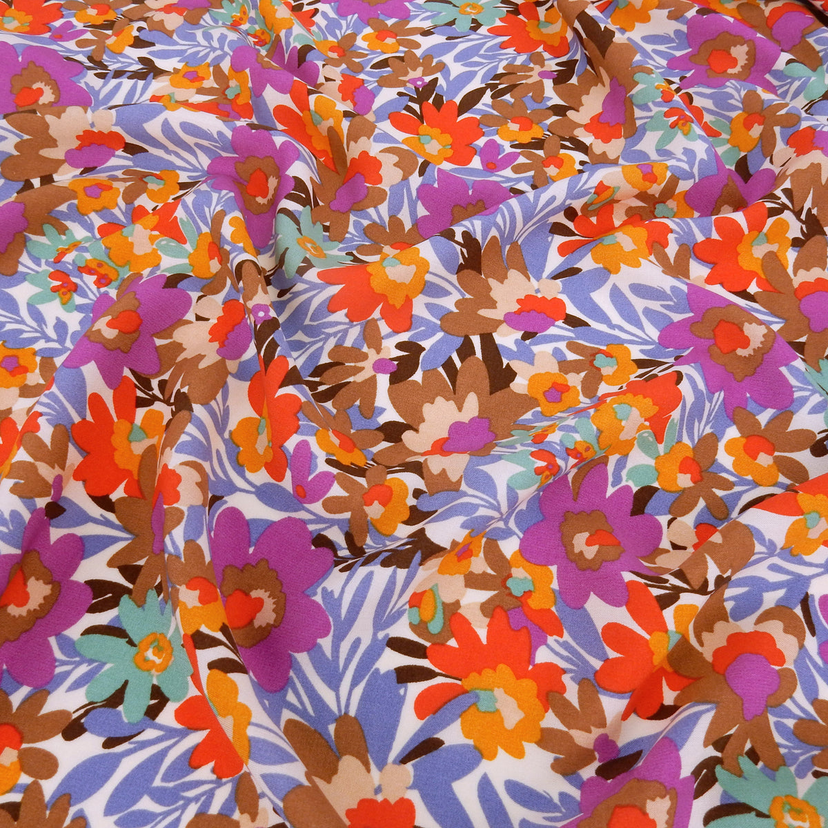 Premium 100% Rayon Challis Fabric. High-Contrast Muted Floral on Creamy White. lightweight & ultra soft. shown lightly gathered
