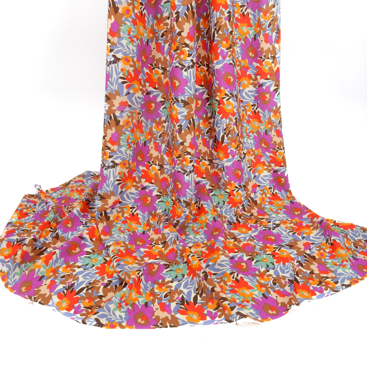 Premium 100% Rayon Challis Fabric. High-Contrast Muted Floral on Creamy White. lightweight & ultra soft. shown draped