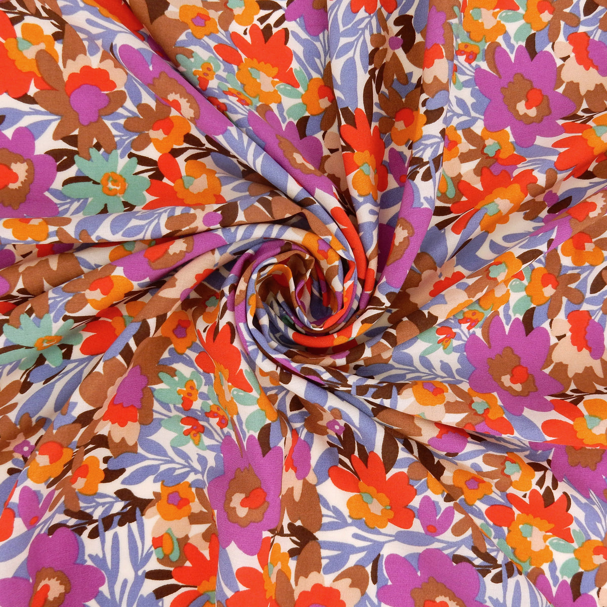 Premium 100% Rayon Challis Fabric. High-Contrast Muted Floral on Creamy White. lightweight & ultra soft. shown swirled