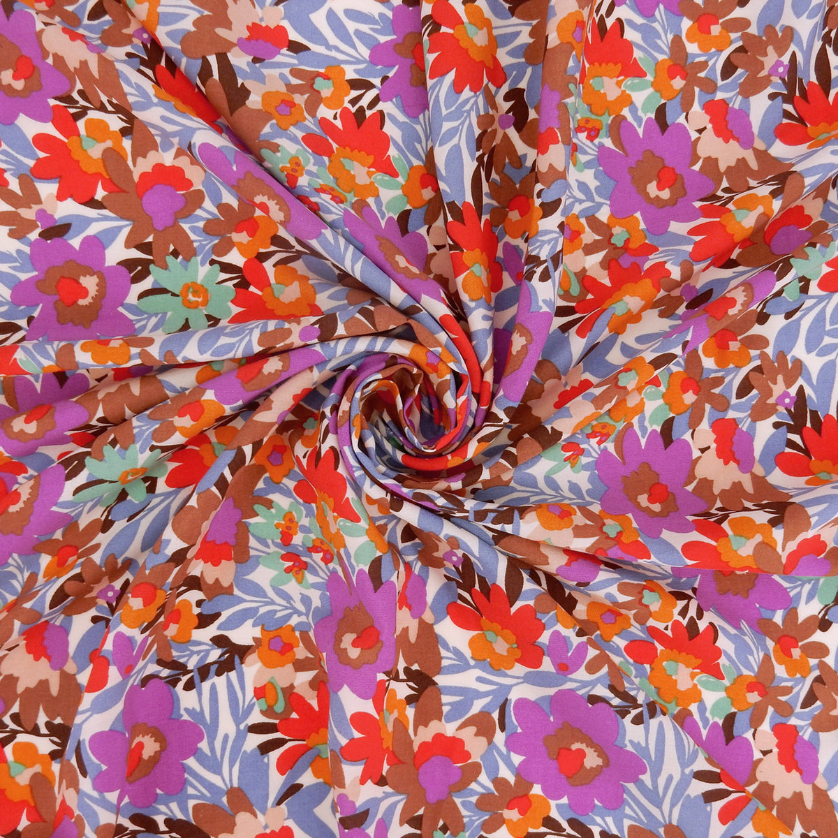 Premium 100% Rayon Challis Fabric. High-Contrast Muted Floral on Creamy White. lightweight & ultra soft. shown swirled
