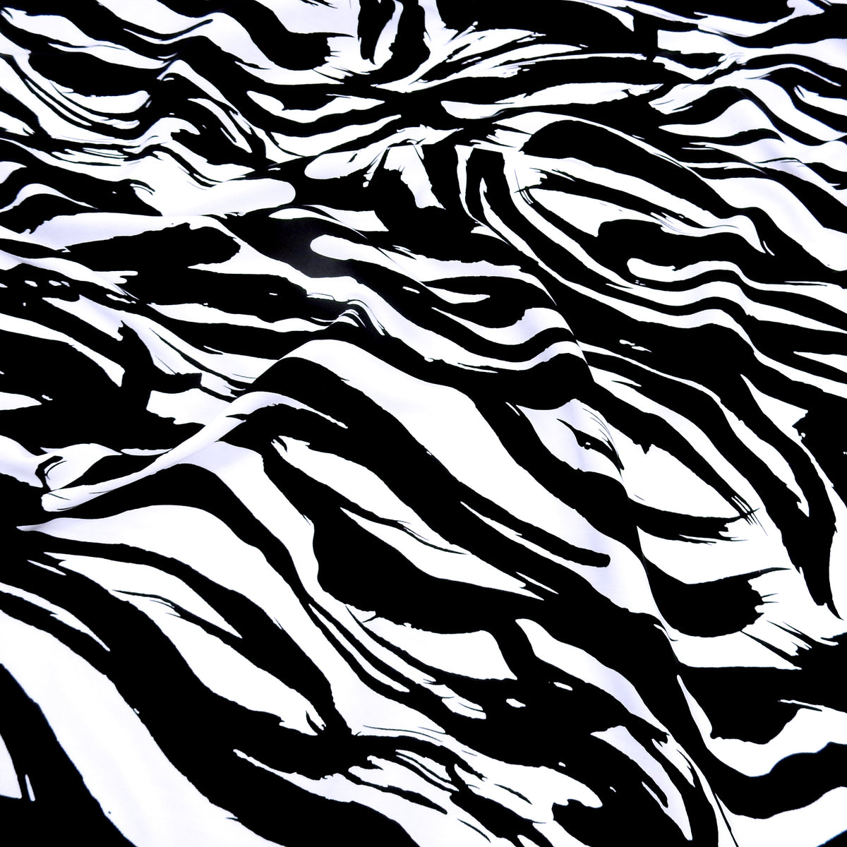 Premium 100% Rayon Challis Fabric. Artistic Zebra Print in Classic Black & White. lightweight & ultra soft. shown lightly gathered