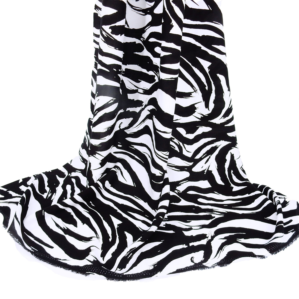 Premium 100% Rayon Challis Fabric. Artistic Zebra Print in Classic Black & White. lightweight & ultra soft. shown draped