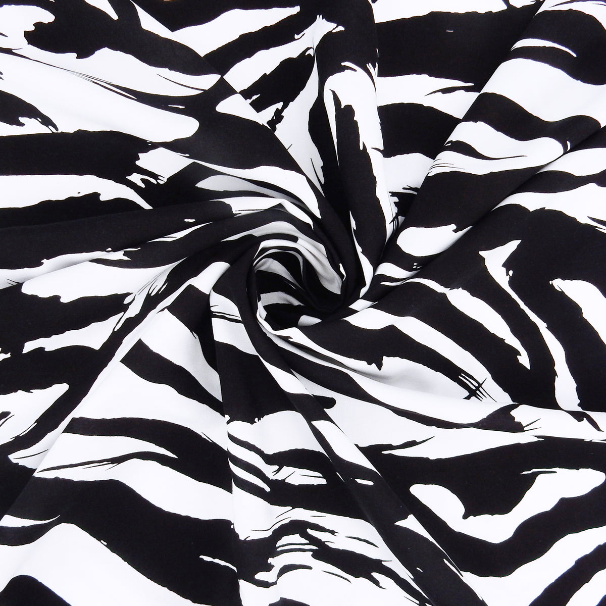 Premium 100% Rayon Challis Fabric. Artistic Zebra Print in Classic Black & White. lightweight & ultra soft. shown swirled