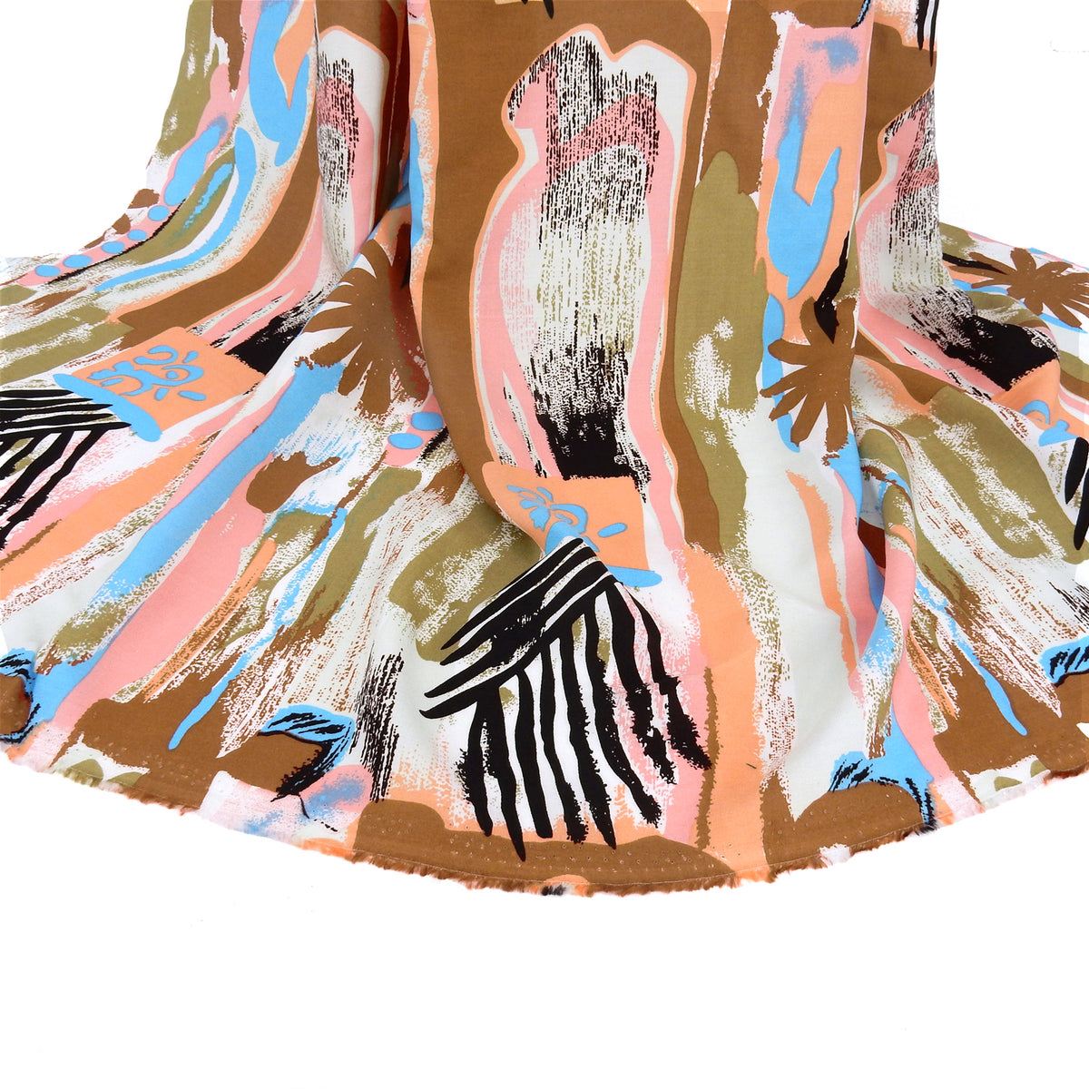 Premium 100% Rayon Challis Fabric. Modern Directional Batik Tropical in Cocoa, Sage & Soft Cream. lightweight & ultra soft. Shown draped