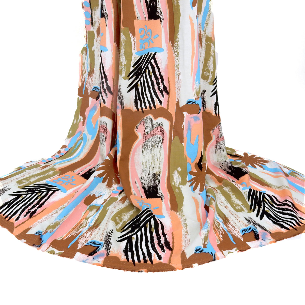 Premium 100% Rayon Challis Fabric. Modern Directional Batik Tropical in Cocoa, Sage & Soft Cream. lightweight & ultra soft. Shown draped