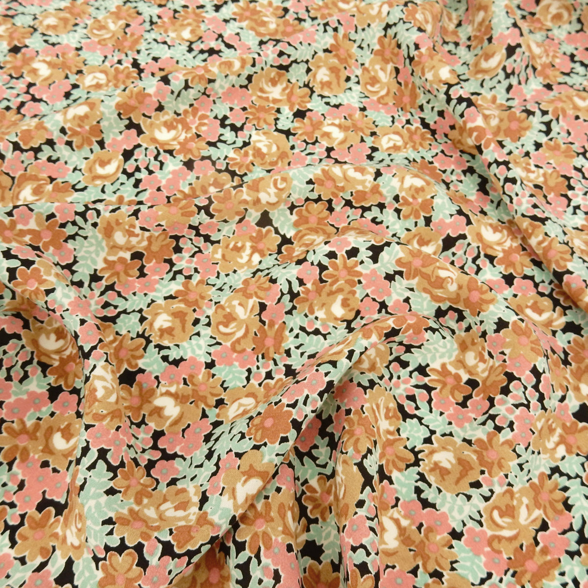 Premium 100% Rayon Challis Fabric. Midnight Millefleurs Floral in Beige, Rose & Mint Green. lightweight & ultra soft. shown lightly gathered