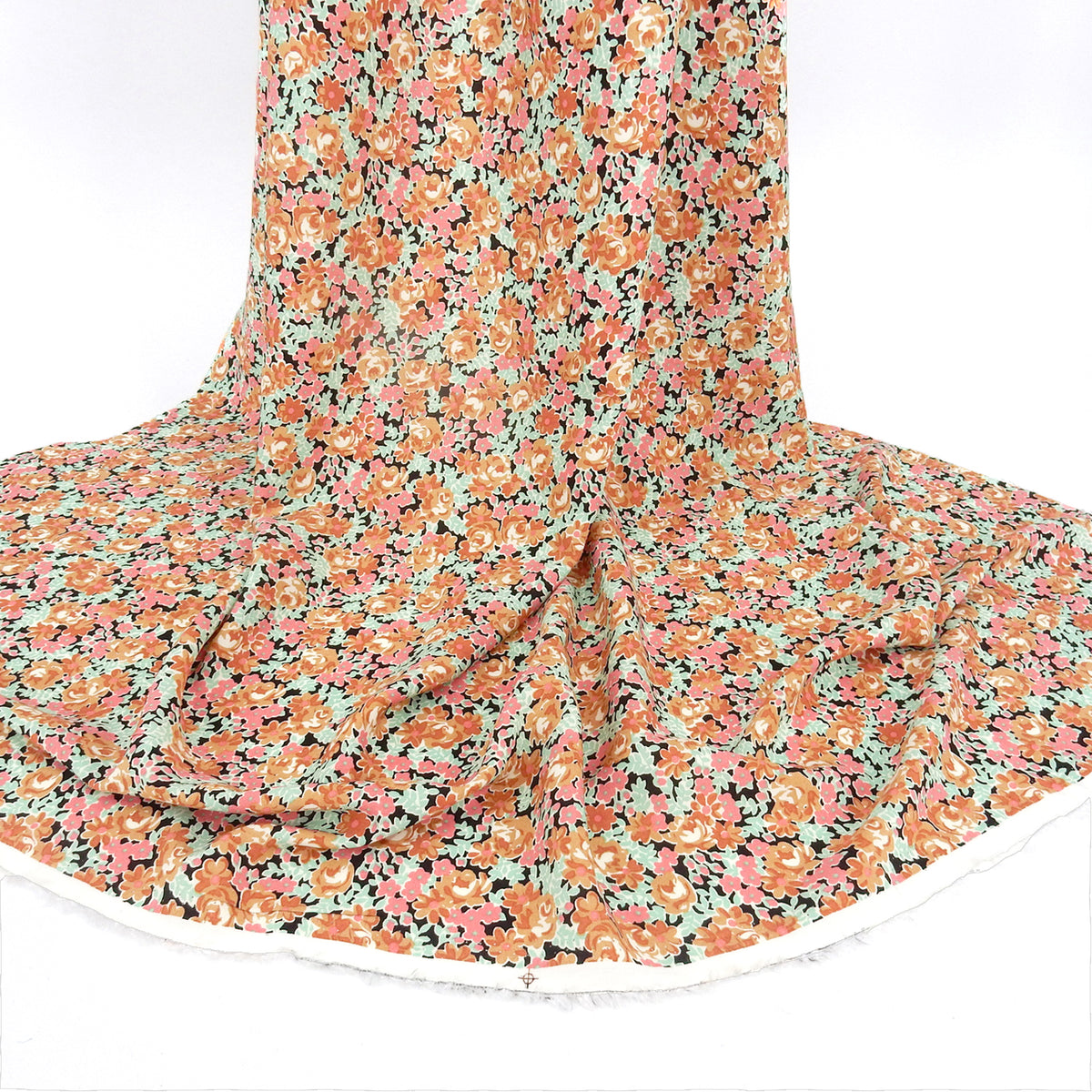 Premium 100% Rayon Challis Fabric. Midnight Millefleurs Floral in Beige, Rose & Mint Green. lightweight & ultra soft. shown draped
