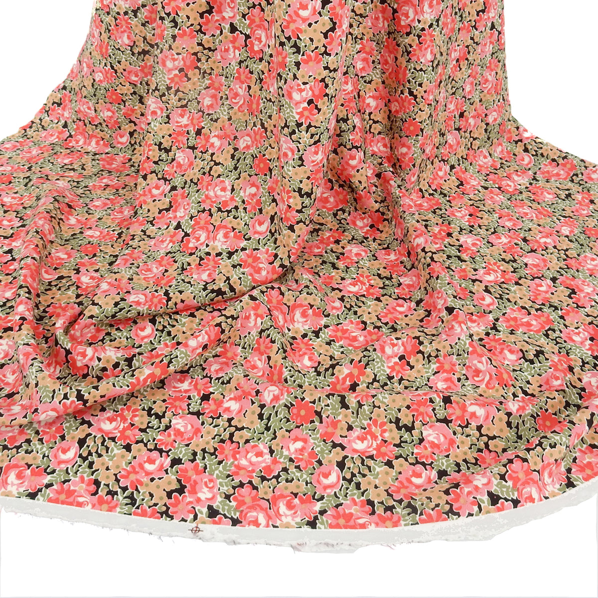 Premium 100% Rayon Challis Fabric.  Rose & Sage Millefleurs Floral on Black. lightweight & ultra soft. shown draped