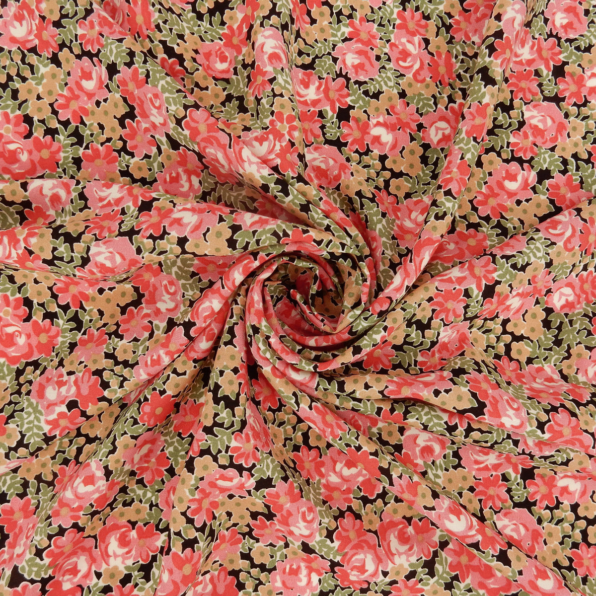 Premium 100% Rayon Challis Fabric.  Rose & Sage Millefleurs Floral on Black. lightweight & ultra soft. shown swirled
