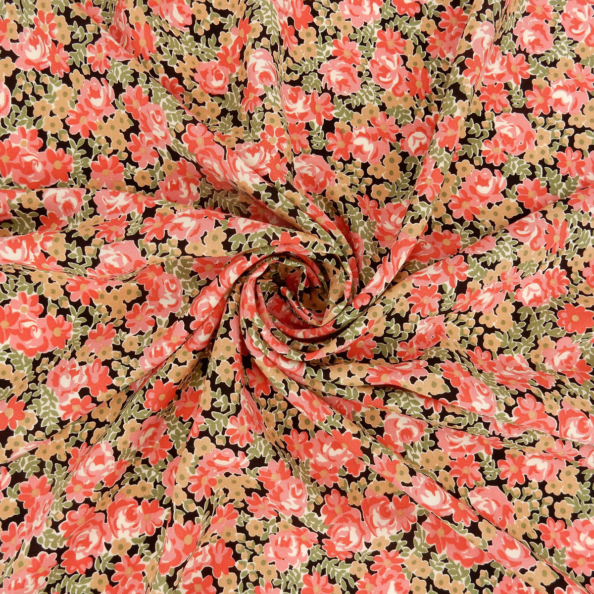 Premium 100% Rayon Challis Fabric.  Rose & Sage Millefleurs Floral on Black. lightweight & ultra soft. shown swirled