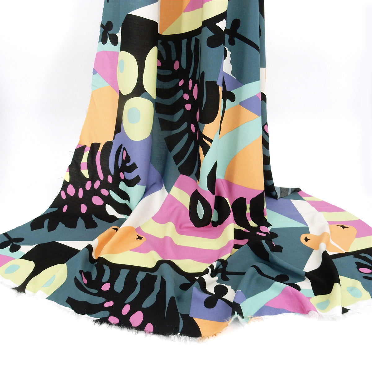 Premium 100% Rayon Challis Fabric. Retro Modern Abstract Graphic in Black, White & Fuschia. lightweight & ultra soft. shown draped