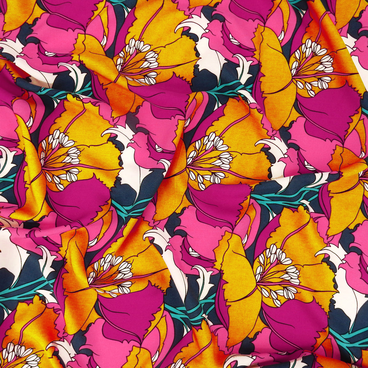 Premium 100% Rayon Challis Fabric. Dramatic Defined Floral in Magenta, Gold, warm coral & deep blue. lightweight & ultra soft. shown lightly gathered