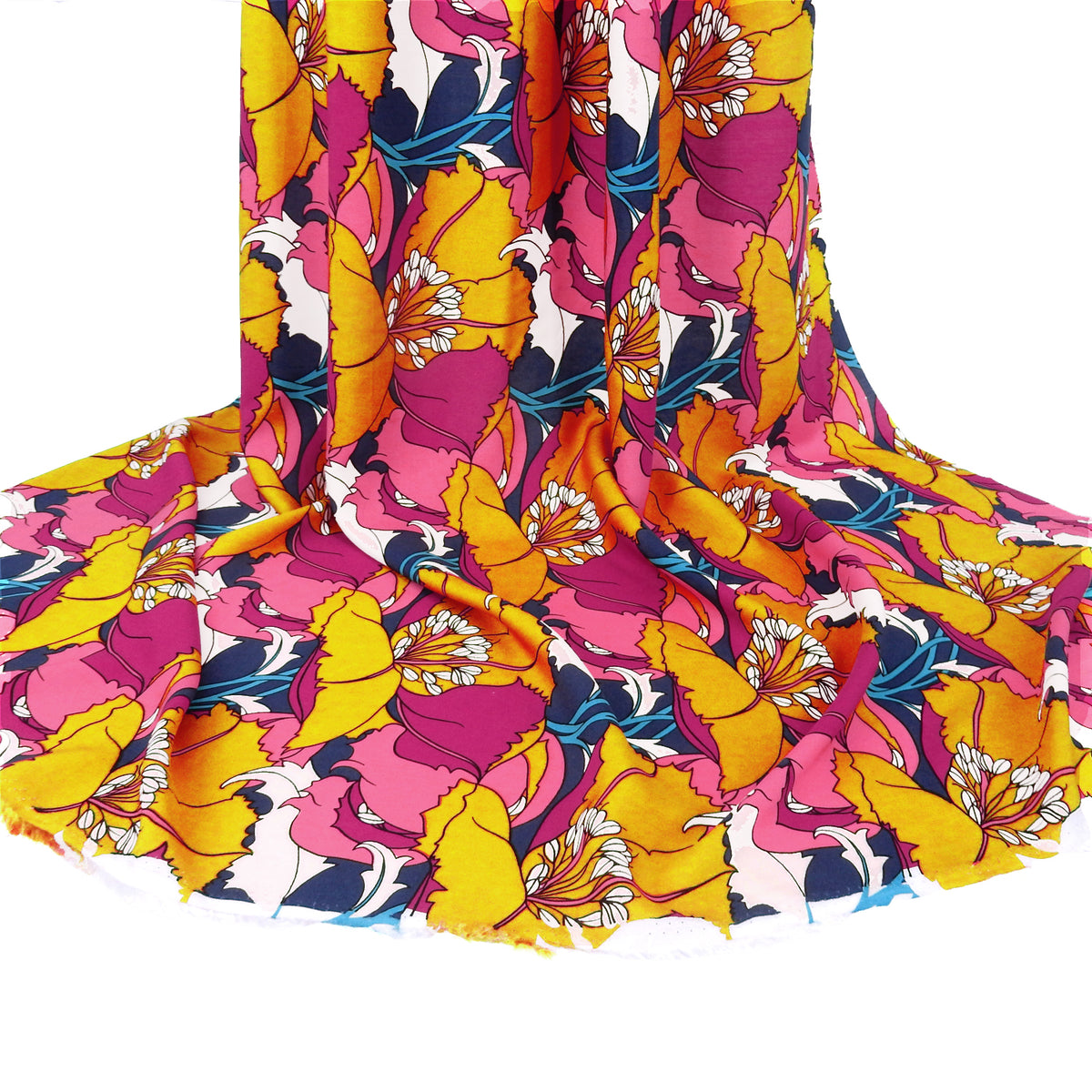 Premium 100% Rayon Challis Fabric. Dramatic Defined Floral in Magenta, Gold, warm coral & deep blue. lightweight & ultra soft. shown draped