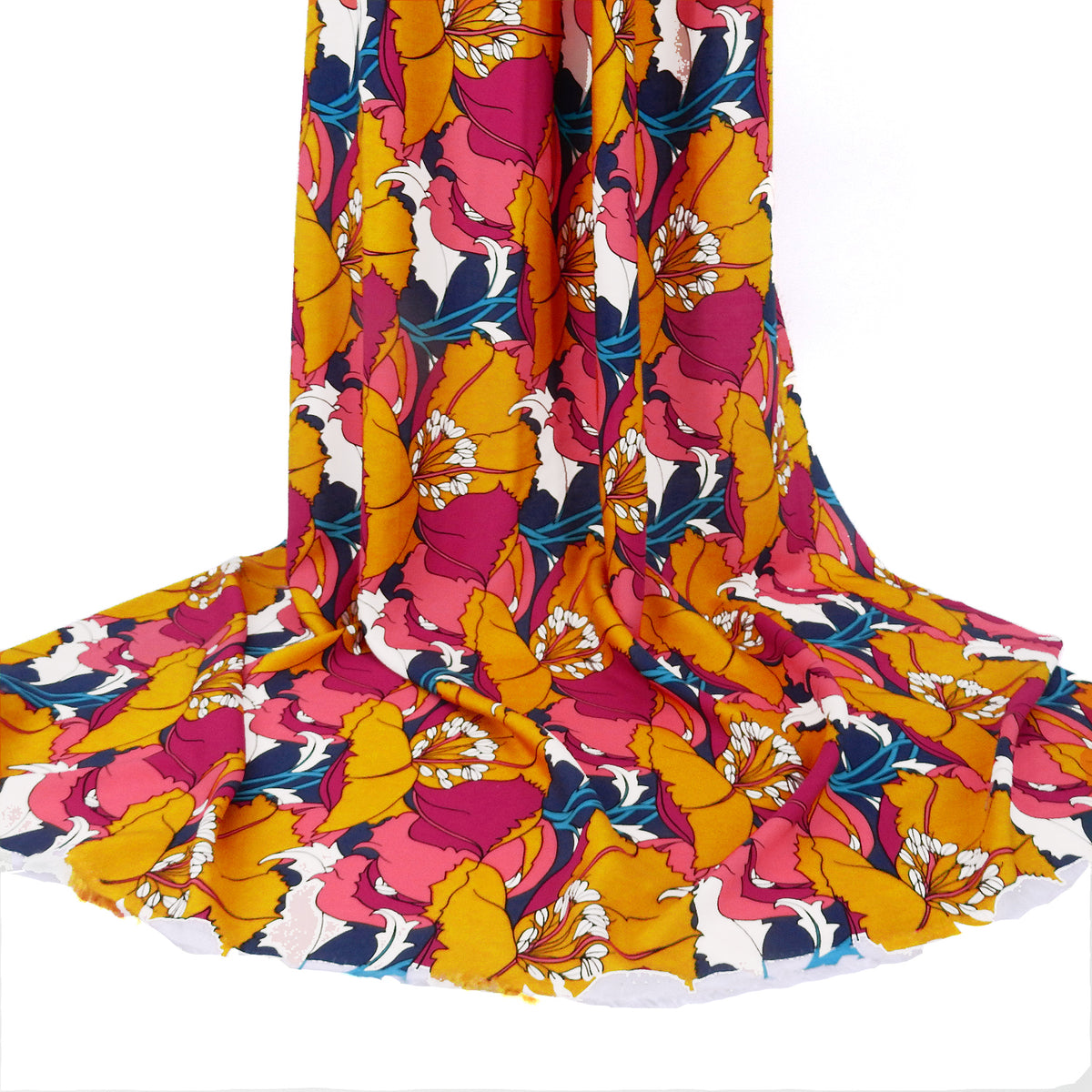 Premium 100% Rayon Challis Fabric. Dramatic Defined Floral in Magenta, Gold, warm coral & deep blue. lightweight & ultra soft. shown draped