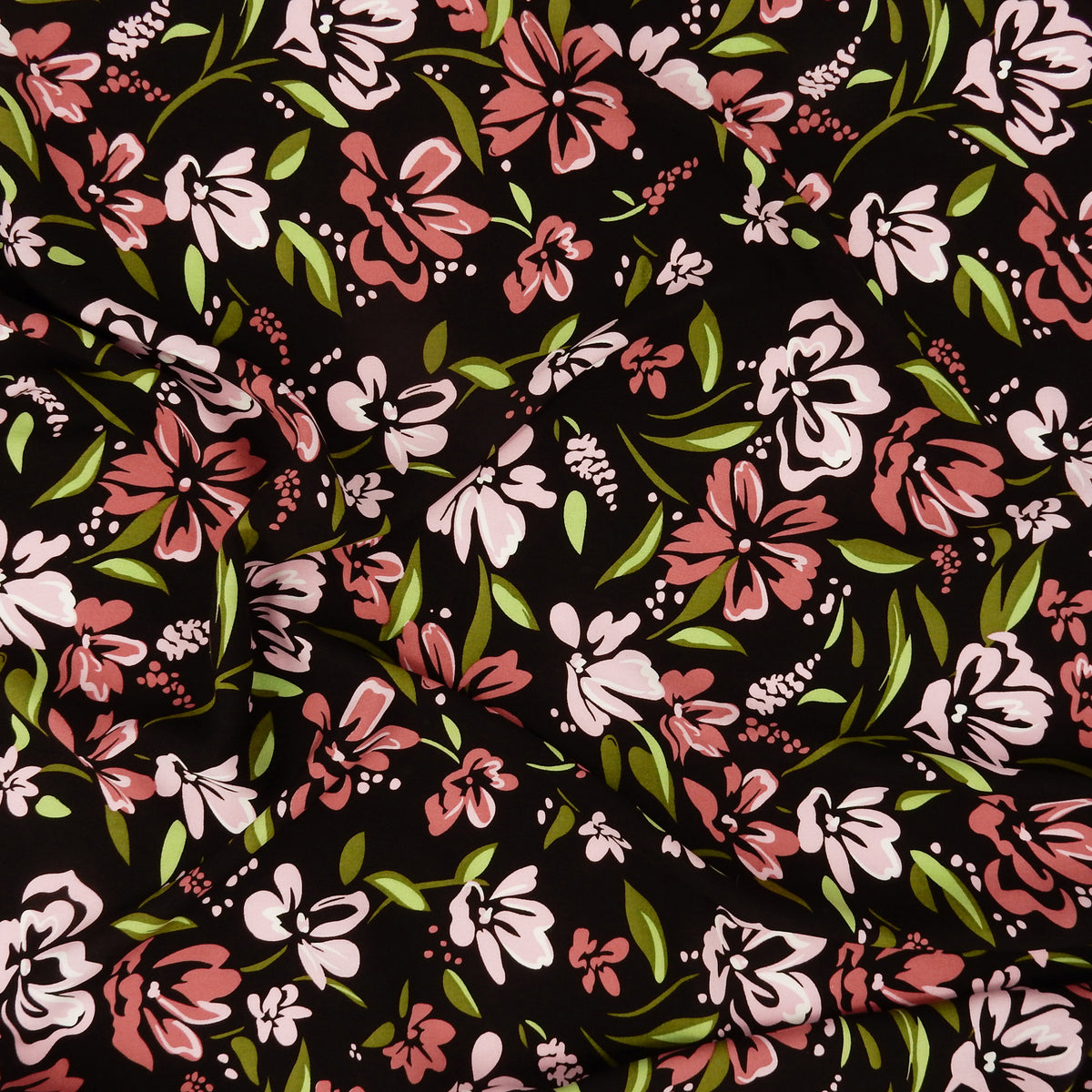 Premium 100% Rayon Challis Fabric. Midnight Botanical Floral in Rose, Olive  & Pale Pink on black background. Lightweight & ultra soft. Shown lightly gathered