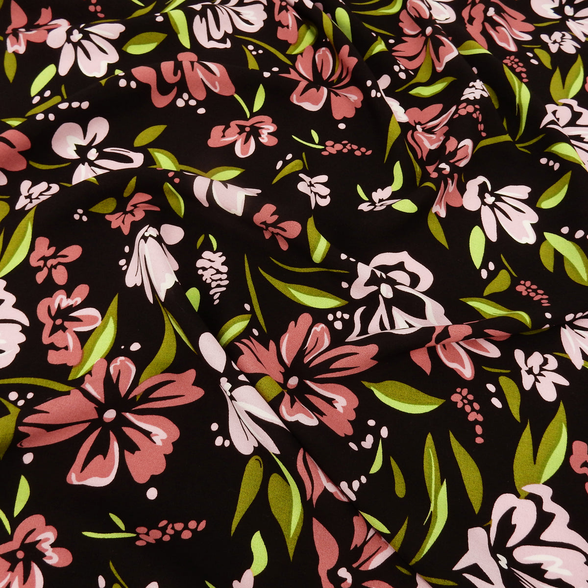 Premium 100% Rayon Challis Fabric. Midnight Botanical Floral in Rose, Olive  & Pale Pink on black background. Lightweight & ultra soft. Shown lightly gathered